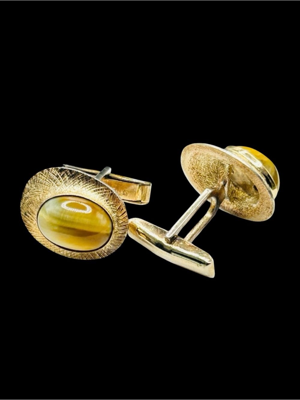 Sterling Vermeil Genuine Cats Eye Modernist Cuff Links Signed T2